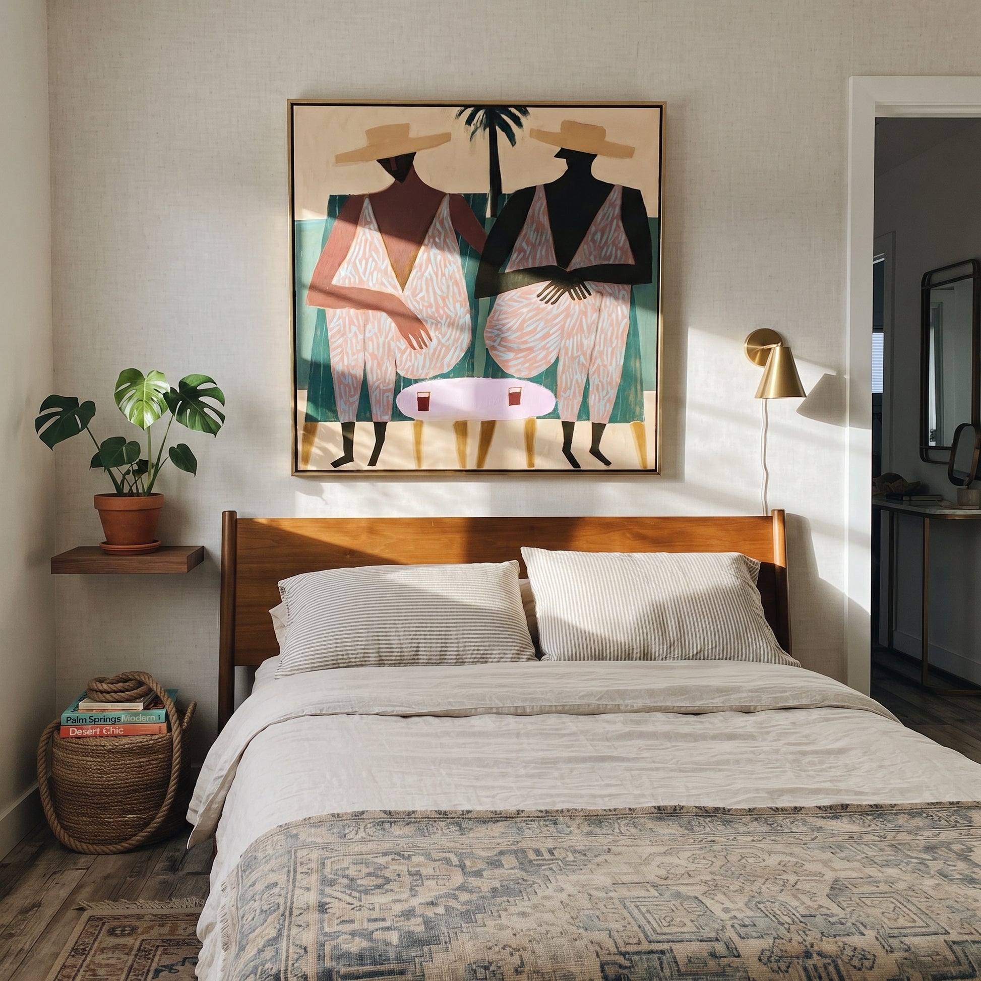 Pink Suits Face Palms - pink resort figure pair painting by Claire Whitmore, modern coastal square wall art – styled room scene view 4
