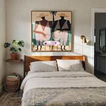 Pink Suits Face Palms - pink resort figure pair painting by Claire Whitmore, modern coastal square wall art – styled room scene view 4