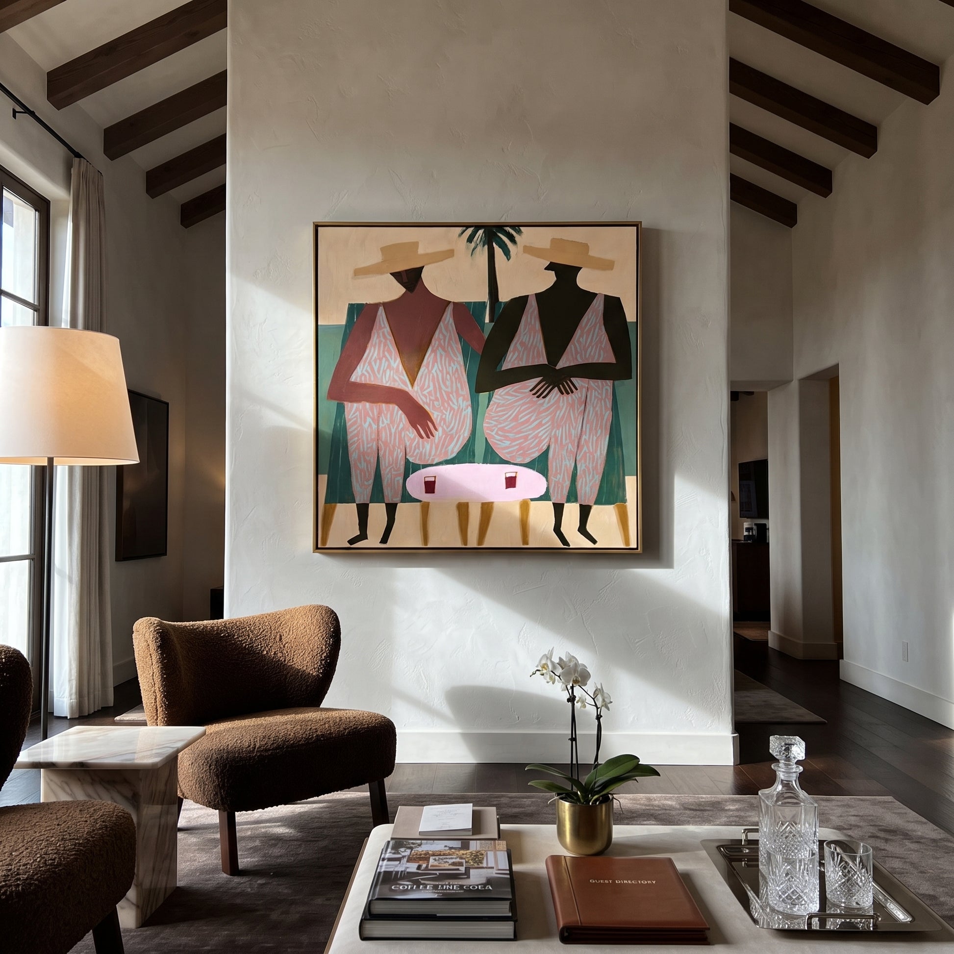 Pink Suits Face Palms - pink resort figure pair painting by Claire Whitmore, modern coastal square wall art – styled room scene view 5