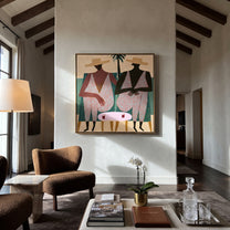 Pink Suits Face Palms - pink resort figure pair painting by Claire Whitmore, modern coastal square wall art – styled room scene view 5
