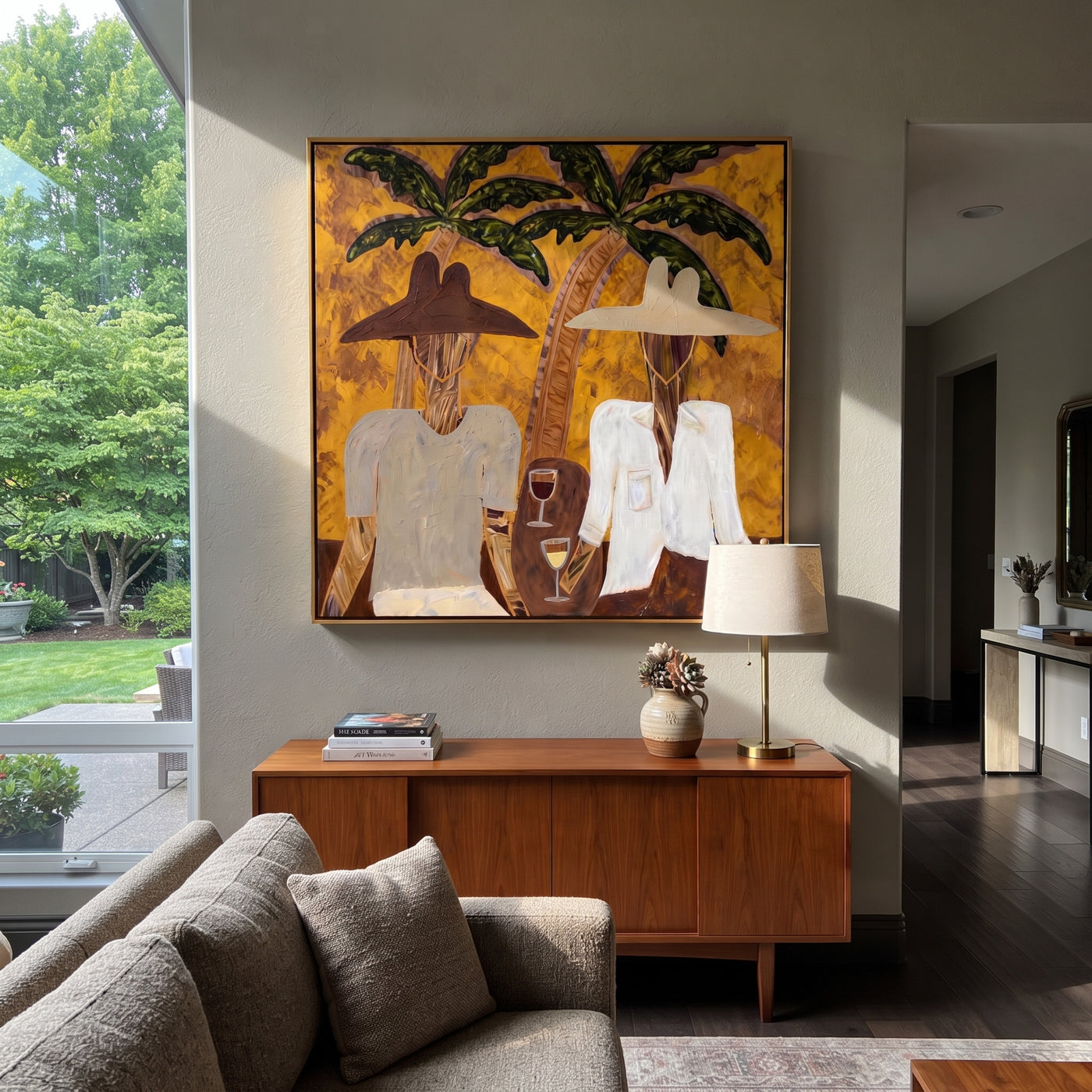 White Jackets Hold Sunset - tropical cocktail pair painting by Claire Whitmore, modern coastal square wall art – styled room scene view 1