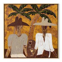 White Jackets Hold Sunset - tropical cocktail pair painting by Claire Whitmore, modern coastal square wall art – wood frame on white background
