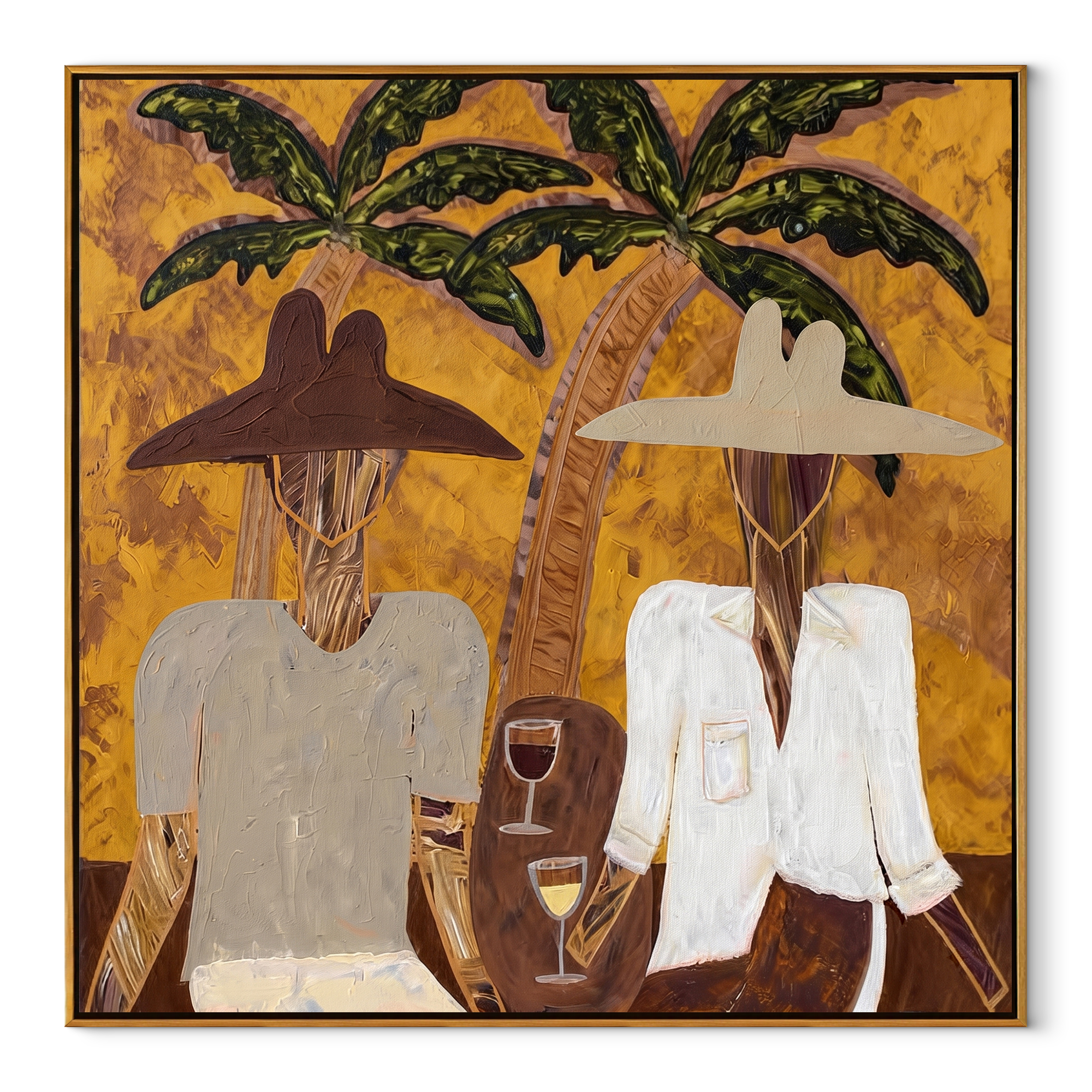 White Jackets Hold Sunset - tropical cocktail pair painting by Claire Whitmore, modern coastal square wall art – wood frame on white background