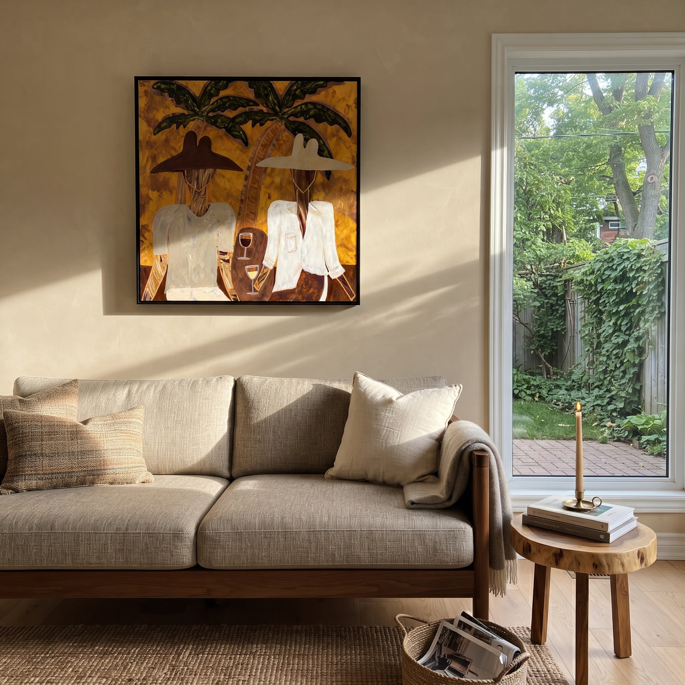 White Jackets Hold Sunset - tropical cocktail pair painting by Claire Whitmore, modern coastal square wall art – styled room scene view 2