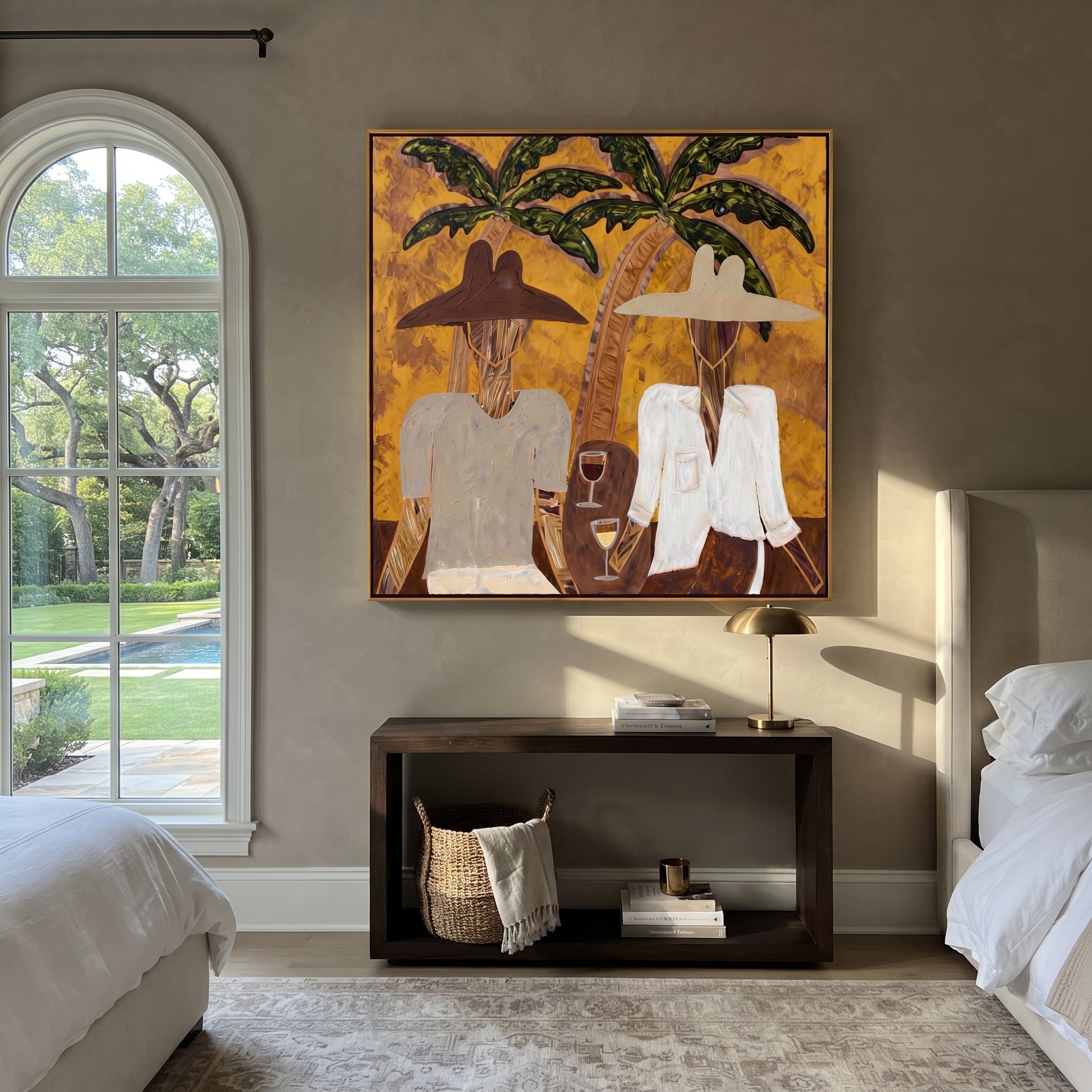 White Jackets Hold Sunset - tropical cocktail pair painting by Claire Whitmore, modern coastal square wall art – styled room scene view 3