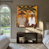 White Jackets Hold Sunset - tropical cocktail pair painting by Claire Whitmore, modern coastal square wall art – styled room scene view 3