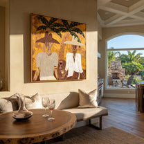 White Jackets Hold Sunset - tropical cocktail pair painting by Claire Whitmore, modern coastal square wall art – styled room scene view 4