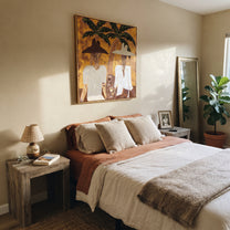 White Jackets Hold Sunset - tropical cocktail pair painting by Claire Whitmore, modern coastal square wall art – styled room scene view 5