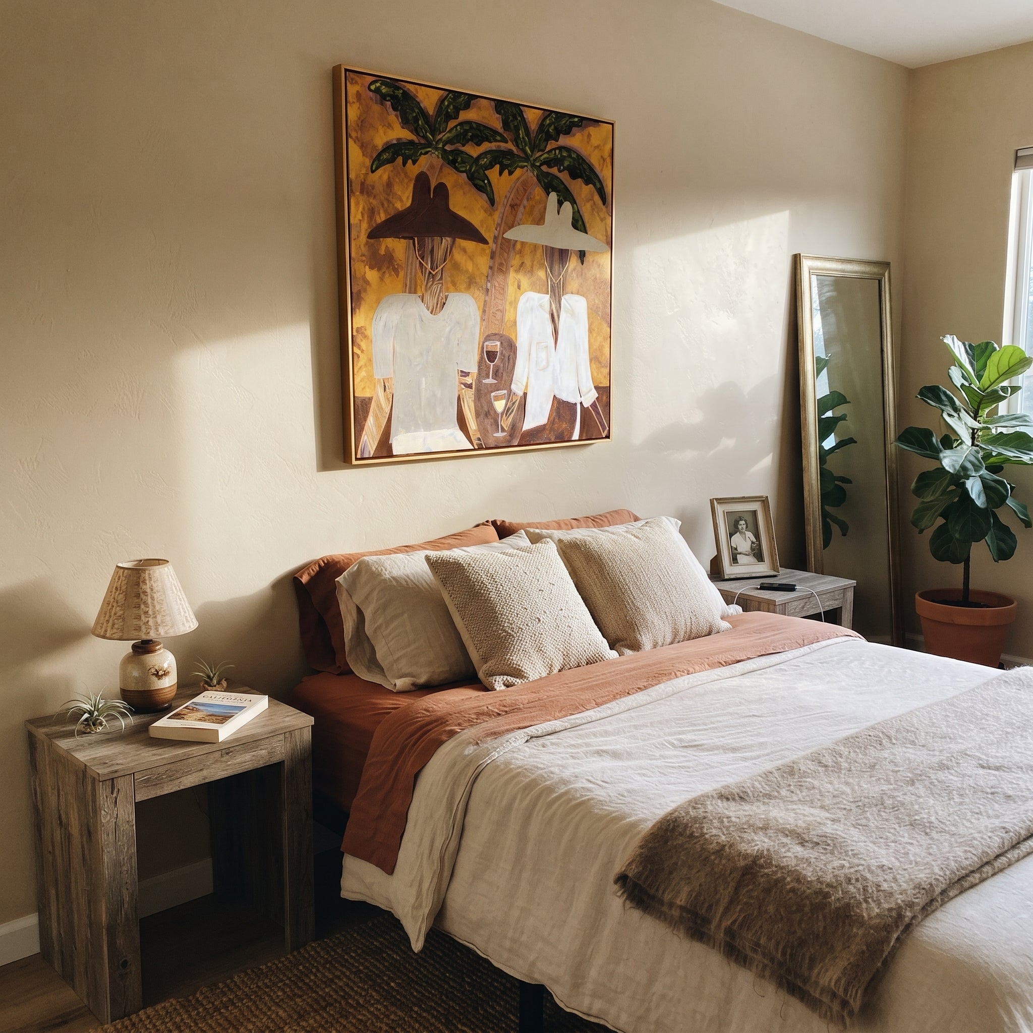 White Jackets Hold Sunset - tropical cocktail pair painting by Claire Whitmore, modern coastal square wall art – styled room scene view 5