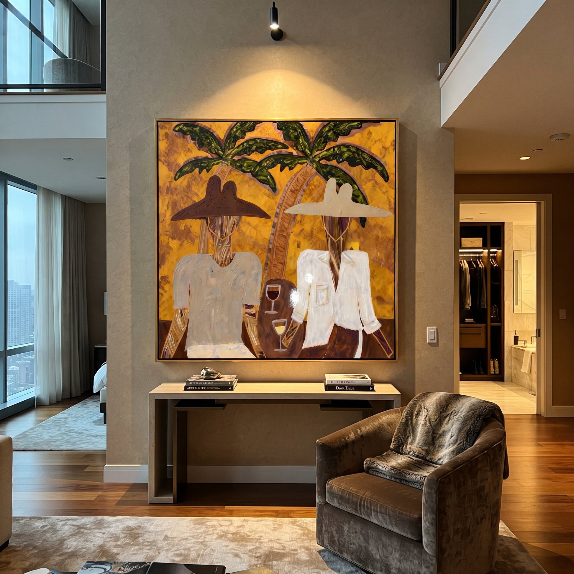 White Jackets Hold Sunset - tropical cocktail pair painting by Claire Whitmore, modern coastal square wall art – styled room scene view 6