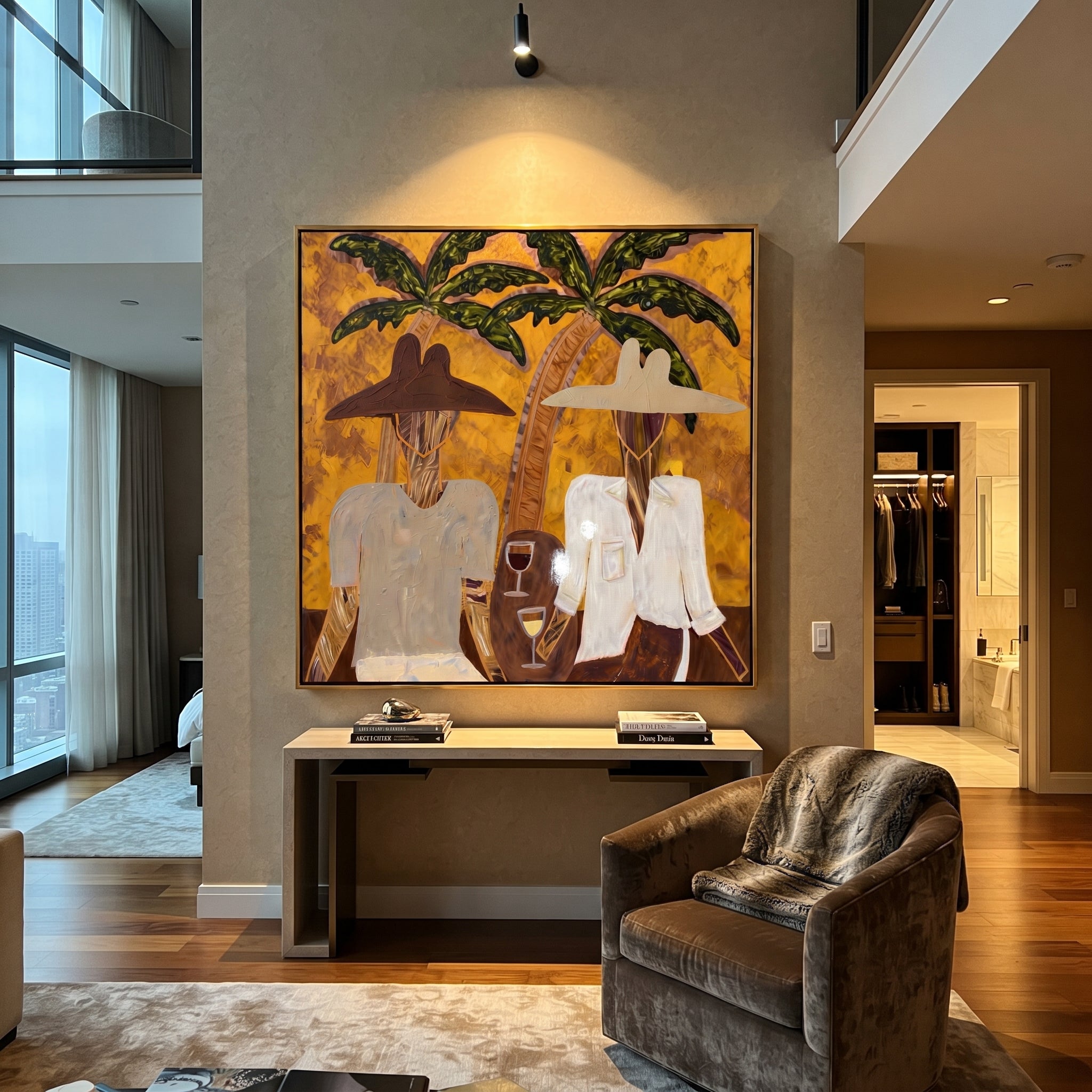 White Jackets Hold Sunset - tropical cocktail pair painting by Claire Whitmore, modern coastal square wall art – styled room scene view 6