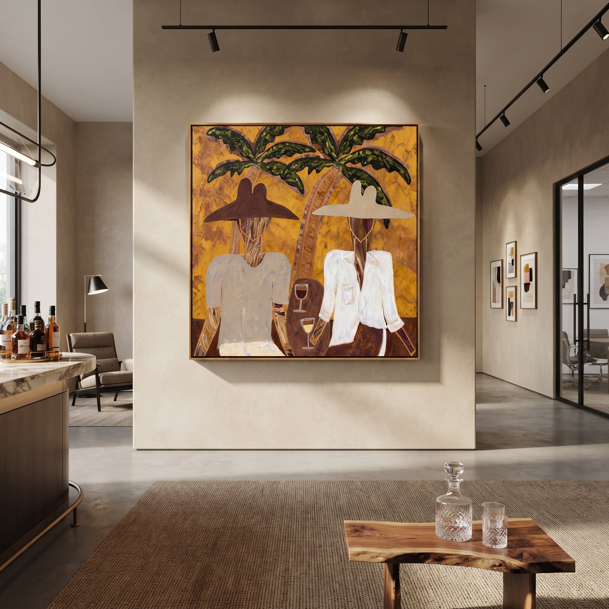 White Jackets Hold Sunset - tropical cocktail pair painting by Claire Whitmore, modern coastal square wall art – styled room scene view 7