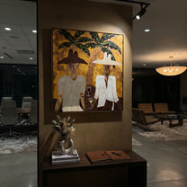 White Jackets Hold Sunset - tropical cocktail pair painting by Claire Whitmore, modern coastal square wall art – styled room scene view 8