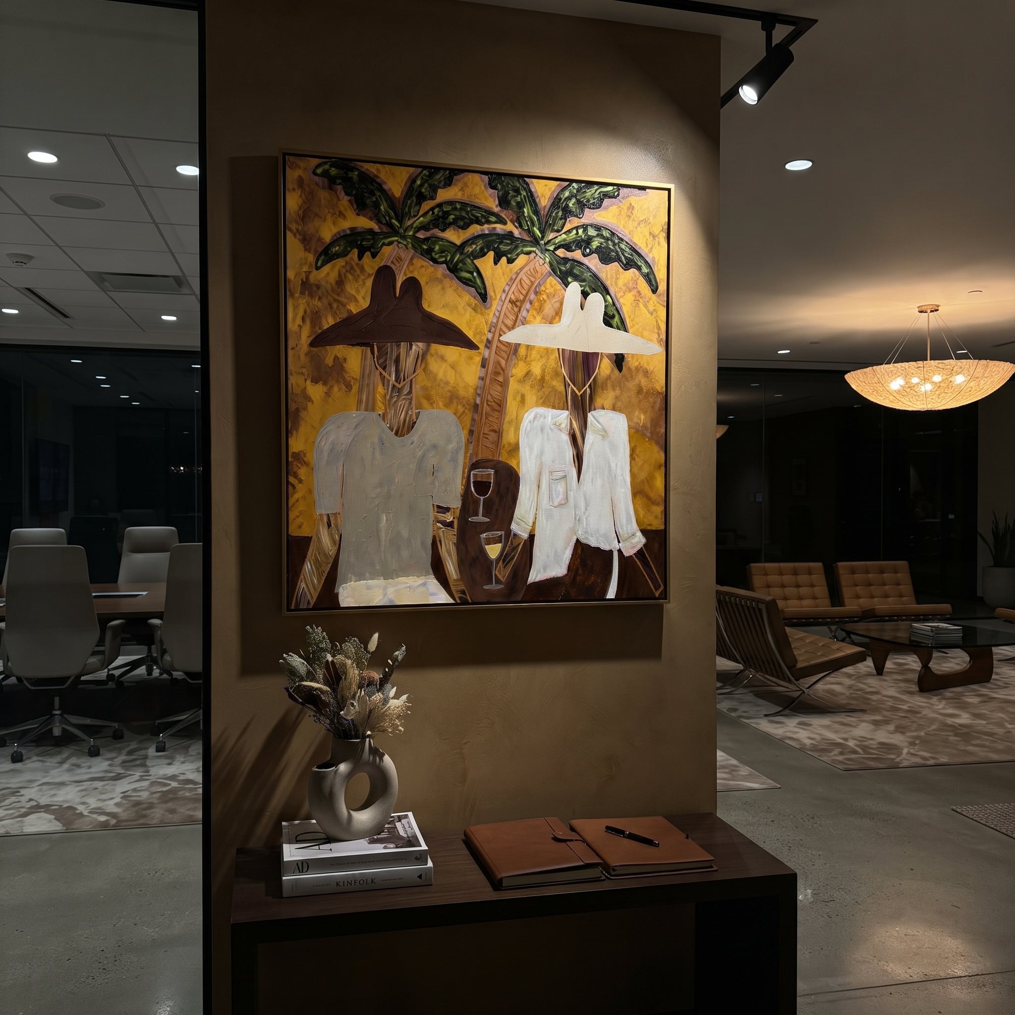 White Jackets Hold Sunset - tropical cocktail pair painting by Claire Whitmore, modern coastal square wall art – styled room scene view 8