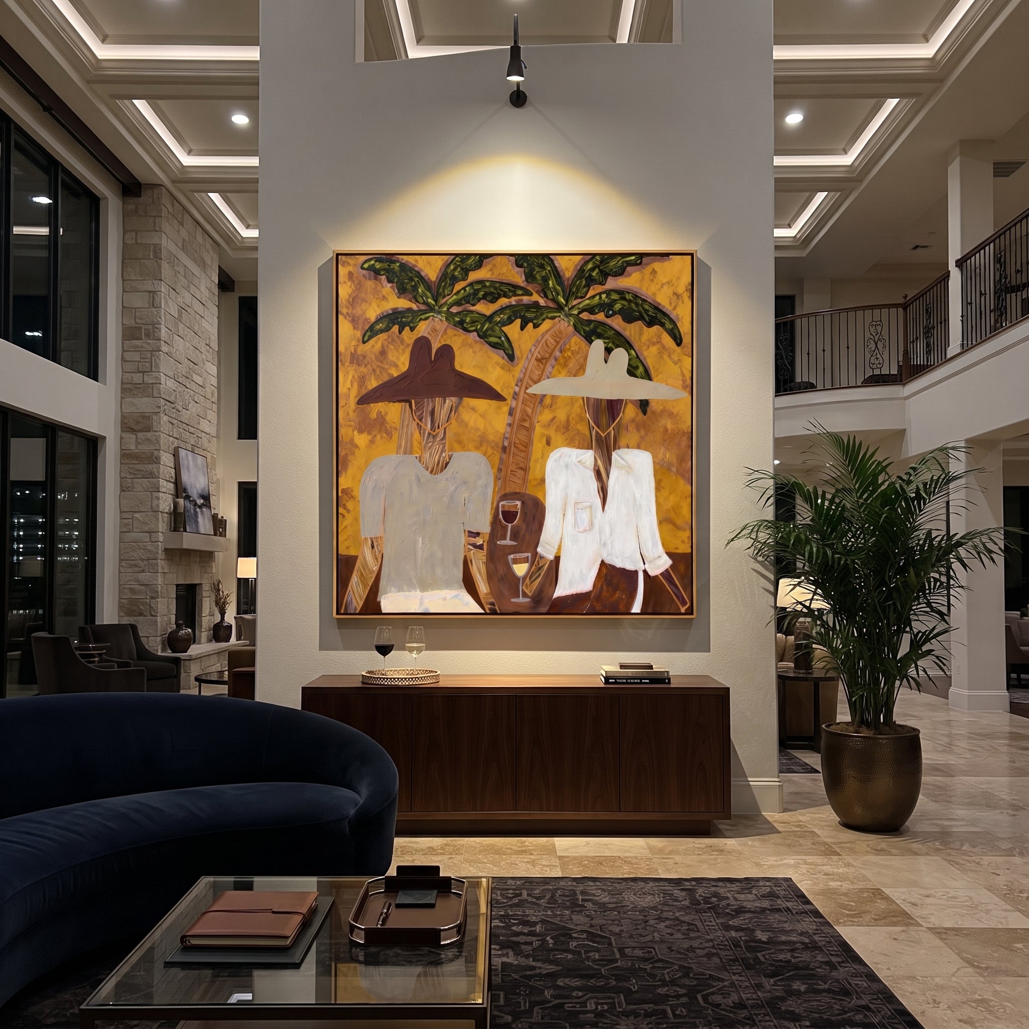 White Jackets Hold Sunset - tropical cocktail pair painting by Claire Whitmore, modern coastal square wall art – styled room scene view 9