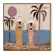 Striped Figures Face Tide - striped beach pair painting by Claire Whitmore, modern coastal square wall art – wood frame on white background