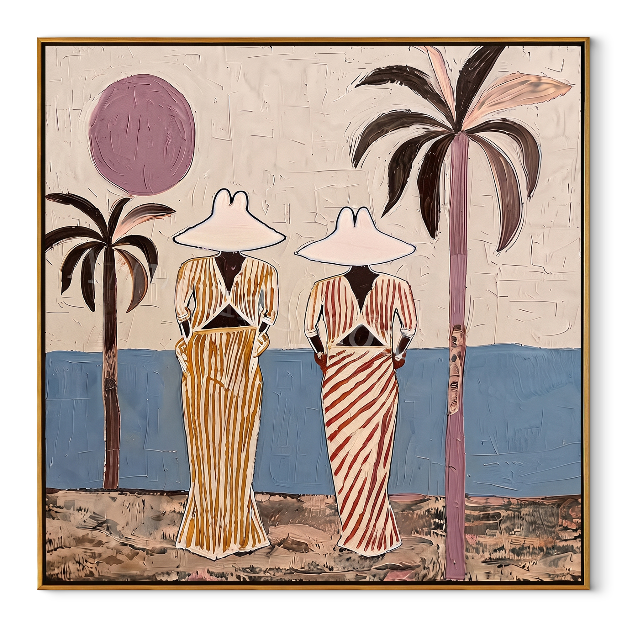 Striped Figures Face Tide - striped beach pair painting by Claire Whitmore, modern coastal square wall art – wood frame on white background