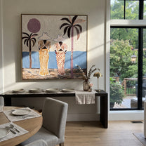 Striped Figures Face Tide - striped beach pair painting by Claire Whitmore, modern coastal square wall art – styled room scene view 3