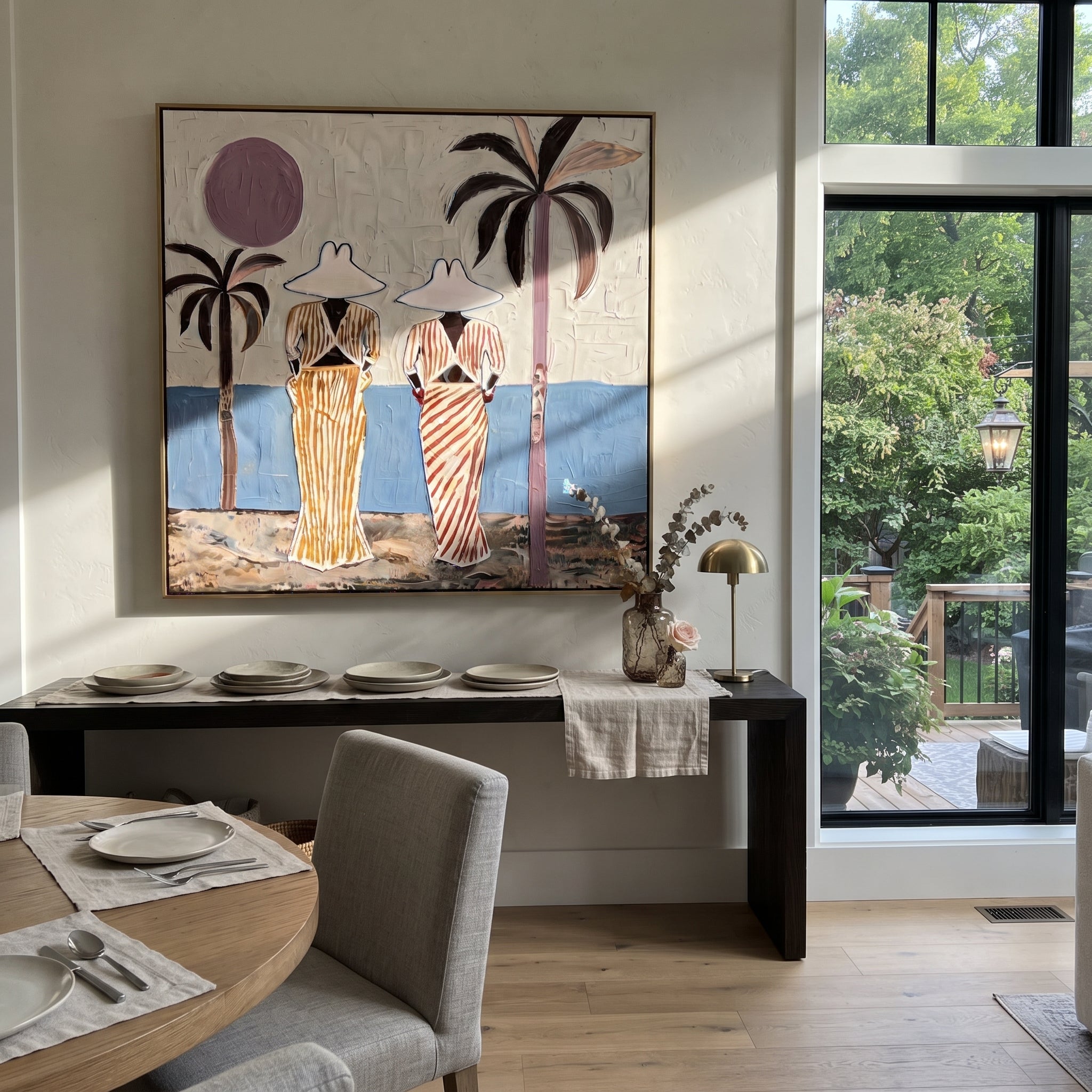 Striped Figures Face Tide - striped beach pair painting by Claire Whitmore, modern coastal square wall art – styled room scene view 3