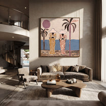 Striped Figures Face Tide - striped beach pair painting by Claire Whitmore, modern coastal square wall art – styled room scene view 4