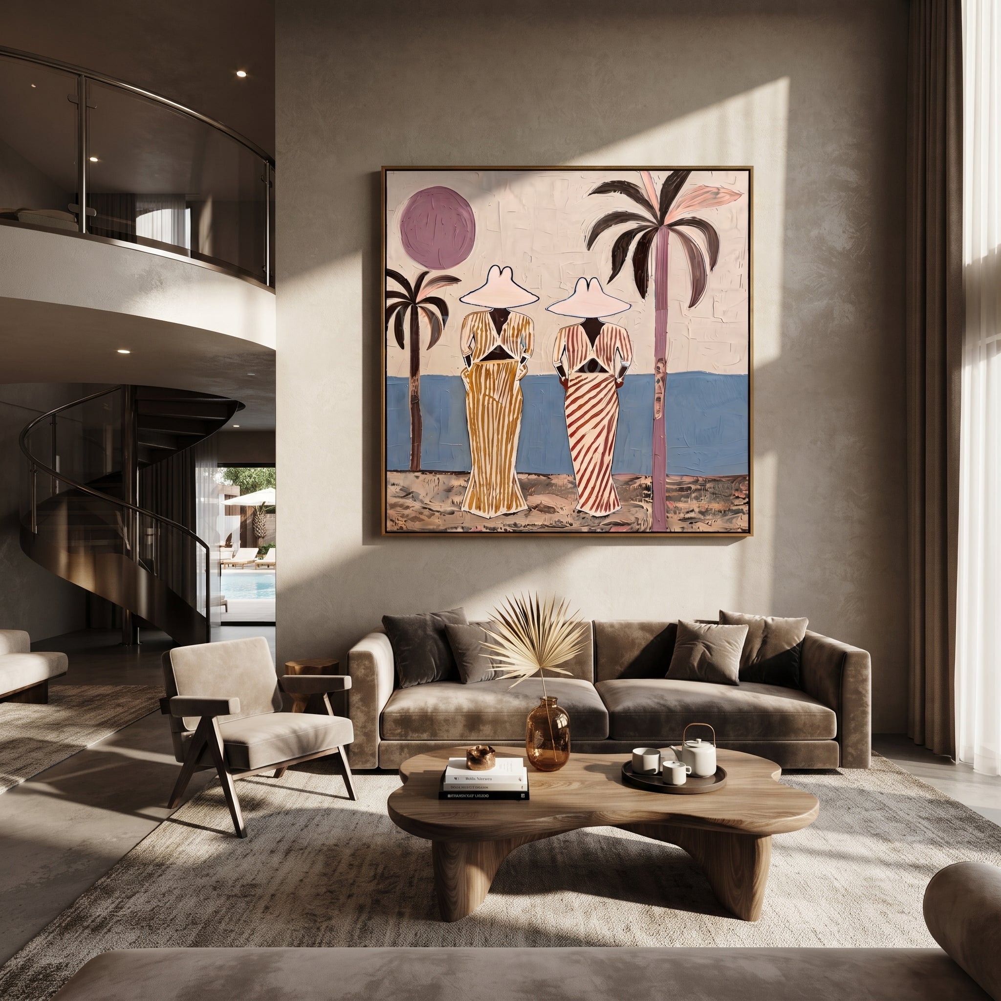 Striped Figures Face Tide - striped beach pair painting by Claire Whitmore, modern coastal square wall art – styled room scene view 4