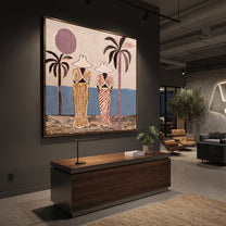 Striped Figures Face Tide - striped beach pair painting by Claire Whitmore, modern coastal square wall art – styled room scene view 5