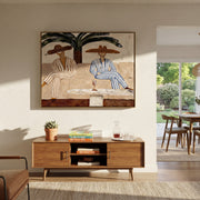 Palm Shade Holds Stripes - palm lounge pair painting by Claire Whitmore, modern coastal horizontal wall art – styled room scene view 1