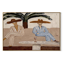 Palm Shade Holds Stripes - palm lounge pair painting by Claire Whitmore, modern coastal horizontal wall art – wood frame on white background