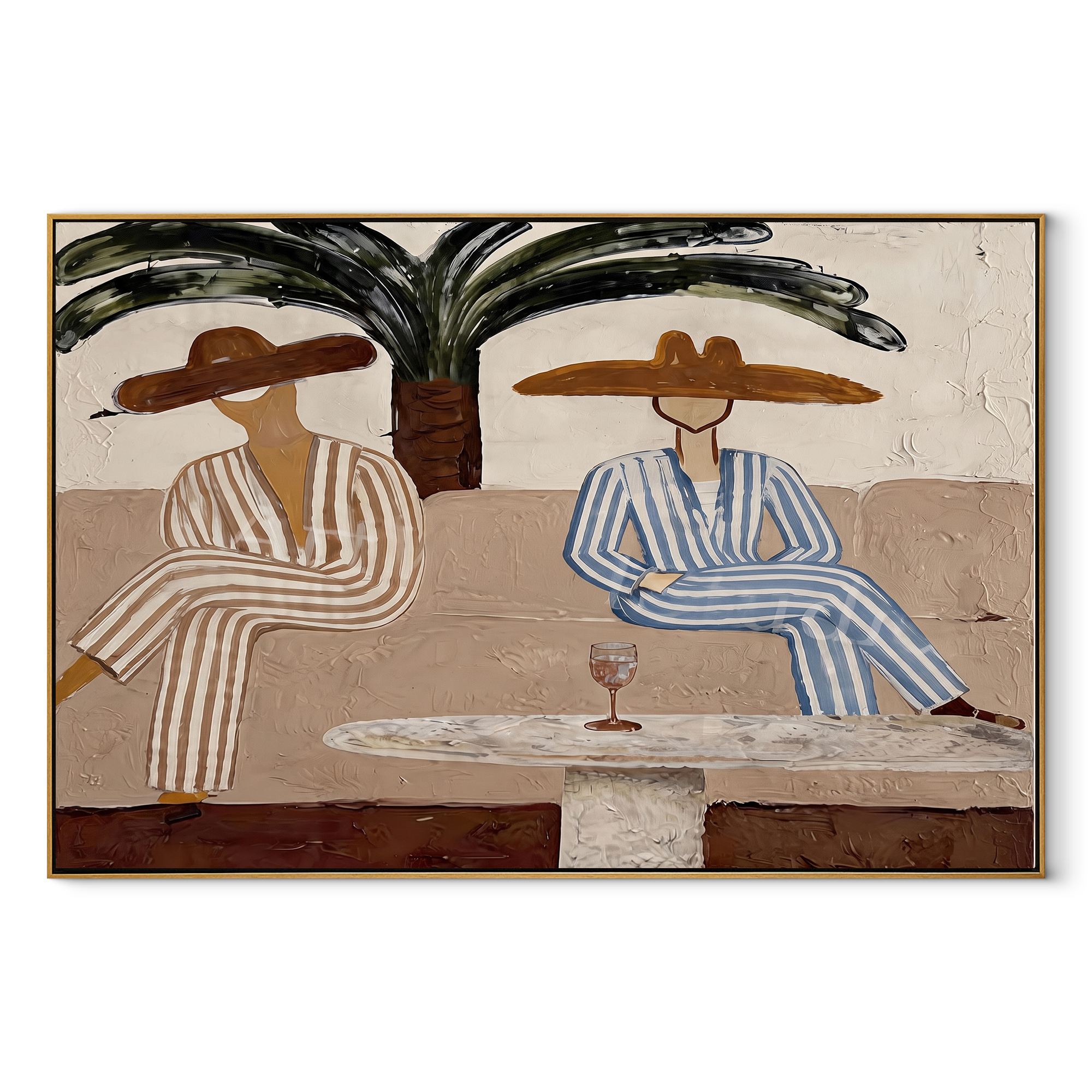 Palm Shade Holds Stripes - palm lounge pair painting by Claire Whitmore, modern coastal horizontal wall art – wood frame on white background