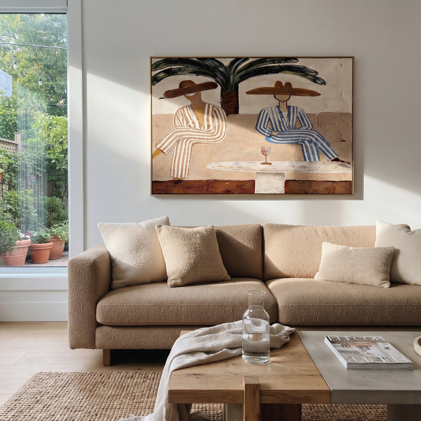 Palm Shade Holds Stripes - palm lounge pair painting by Claire Whitmore, modern coastal horizontal wall art – styled room scene view 2