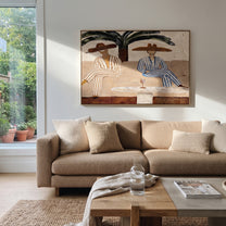 Palm Shade Holds Stripes - palm lounge pair painting by Claire Whitmore, modern coastal horizontal wall art – styled room scene view 2