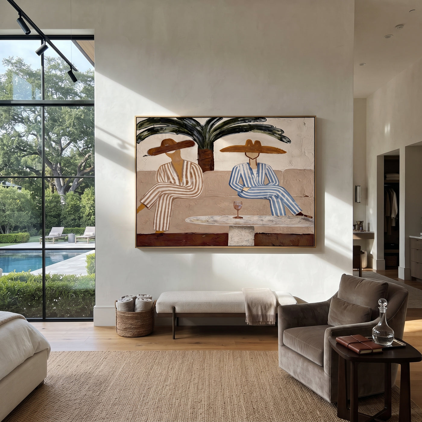 Palm Shade Holds Stripes - palm lounge pair painting by Claire Whitmore, modern coastal horizontal wall art – styled room scene view 3