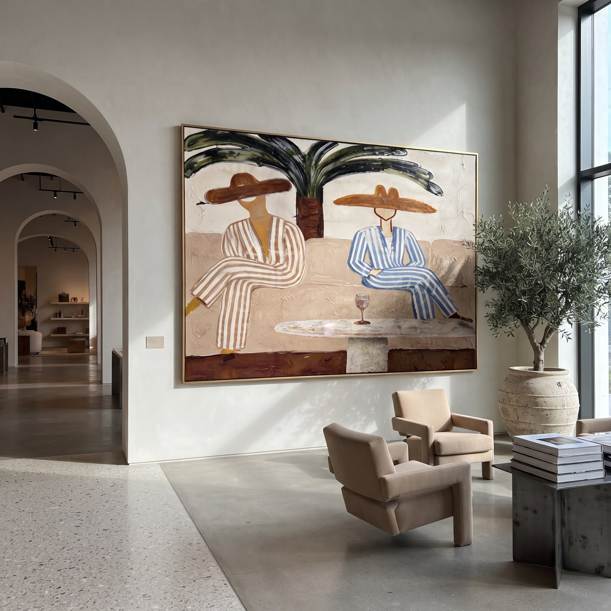 Palm Shade Holds Stripes - palm lounge pair painting by Claire Whitmore, modern coastal horizontal wall art – styled room scene view 5