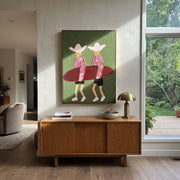Twin Hats Carry Burgundy - surfboard figure pair painting by Claire Whitmore, modern coastal vertical wall art – styled room scene view 1