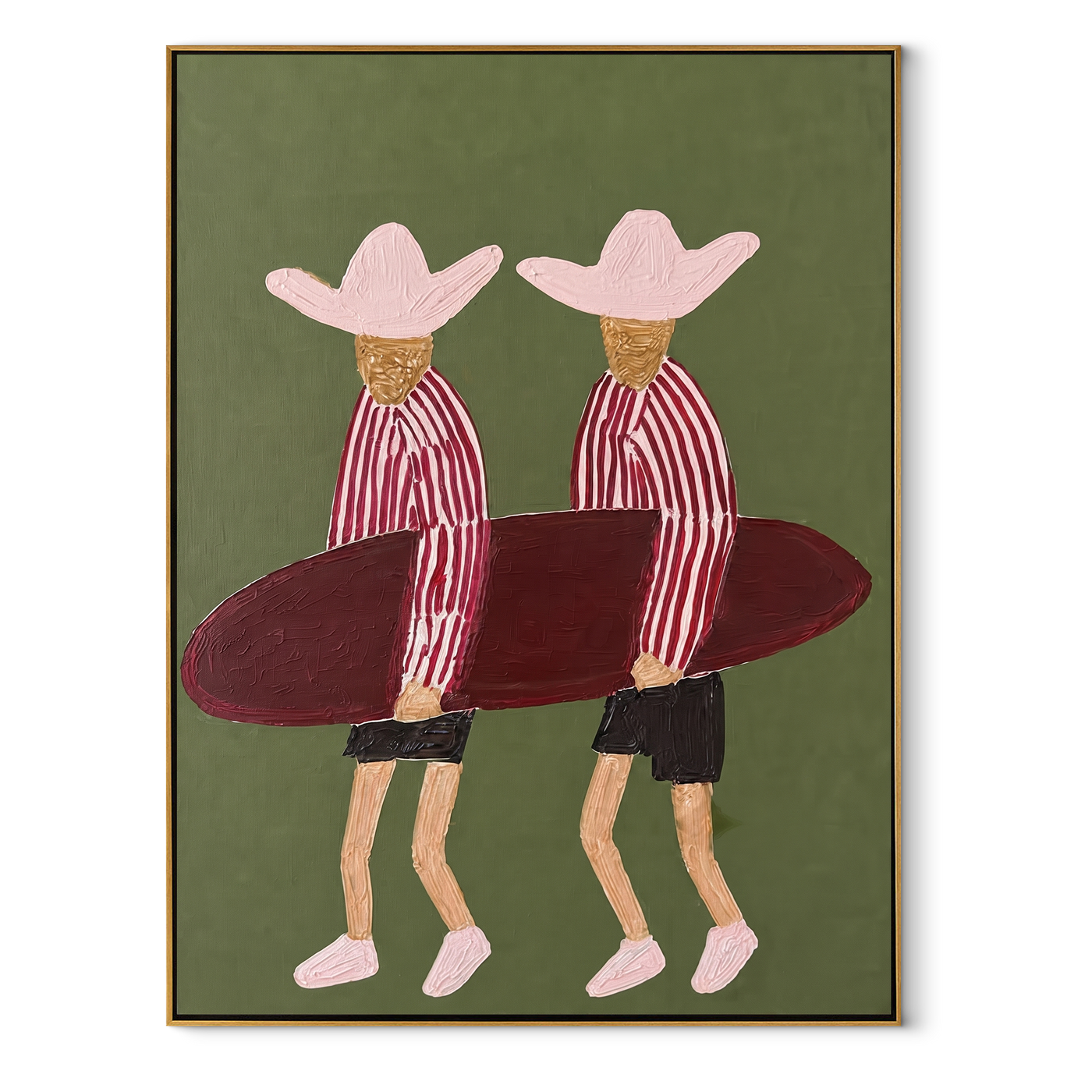 Twin Hats Carry Burgundy - surfboard figure pair painting by Claire Whitmore, modern coastal vertical wall art – wood frame on white background