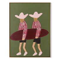 Twin Hats Carry Burgundy - surfboard figure pair painting by Claire Whitmore, modern coastal vertical wall art – wood frame on white background