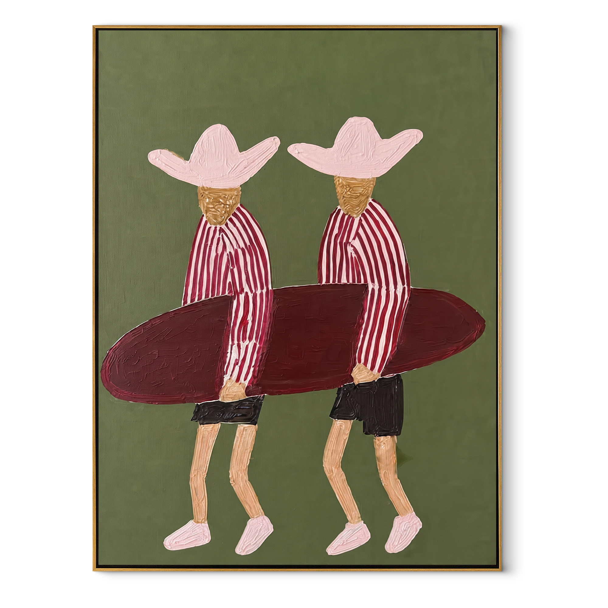Twin Hats Carry Burgundy - surfboard figure pair painting by Claire Whitmore, modern coastal vertical wall art – wood frame on white background