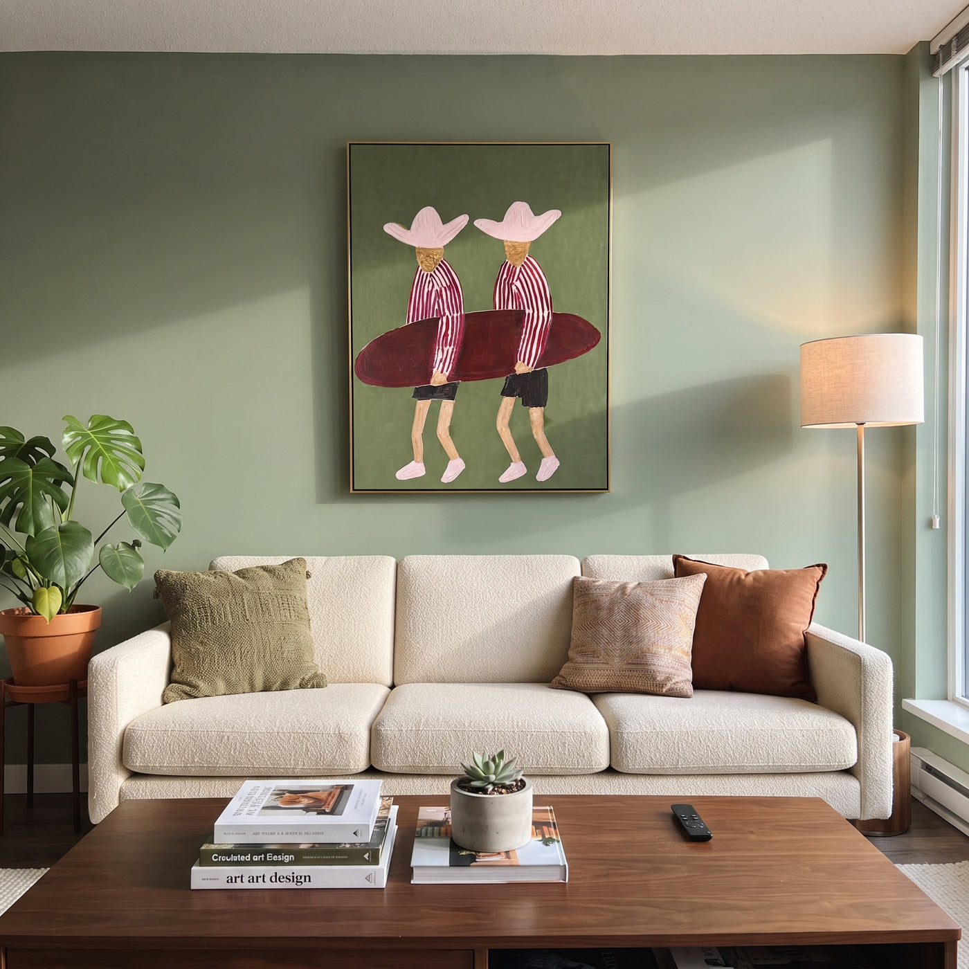 Twin Hats Carry Burgundy - surfboard figure pair painting by Claire Whitmore, modern coastal vertical wall art – styled room scene view 2