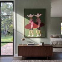 Twin Hats Carry Burgundy - surfboard figure pair painting by Claire Whitmore, modern coastal vertical wall art – styled room scene view 3