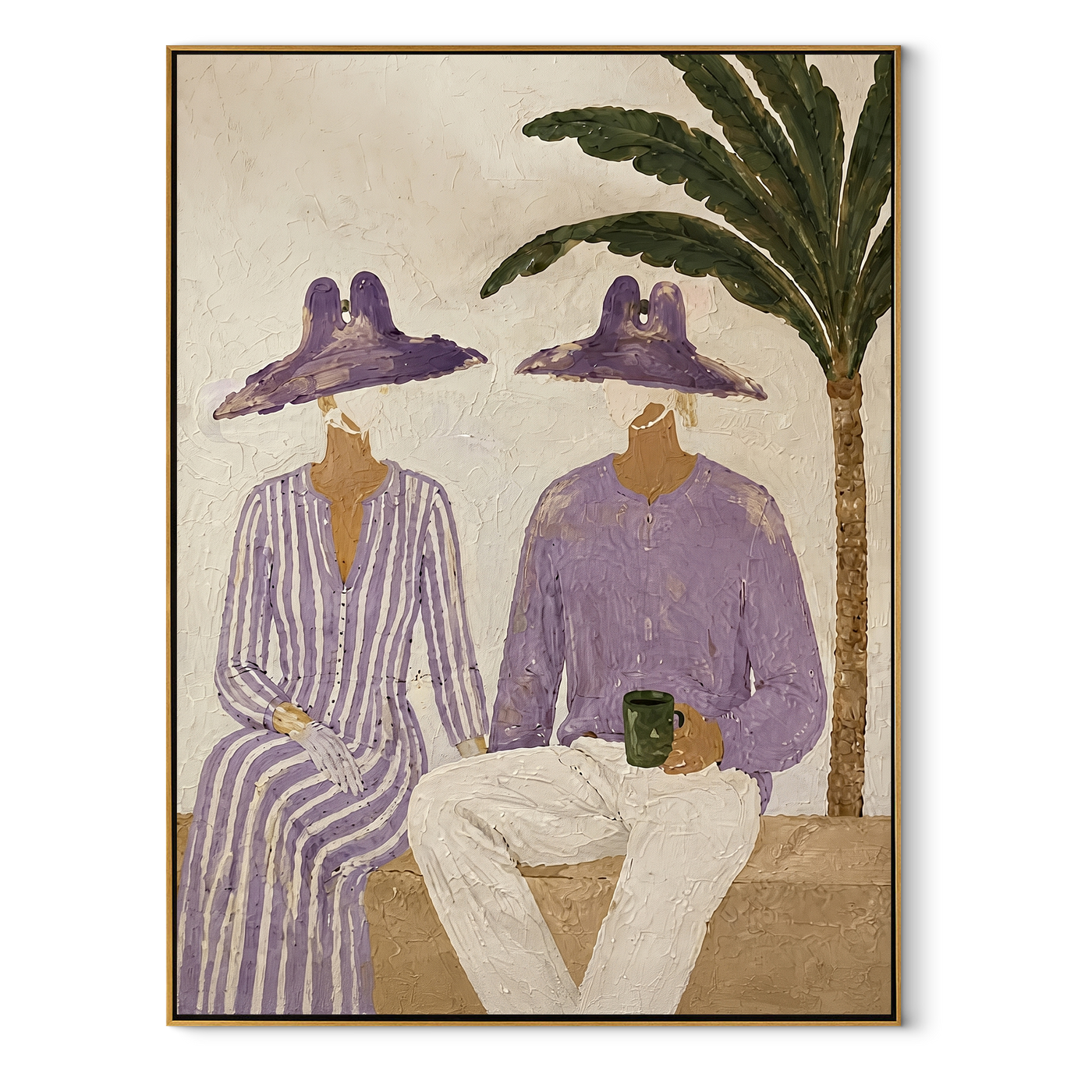 Purple Hats Share Coffee - purple hat coffee pair painting by Claire Whitmore, modern coastal vertical wall art – wood frame on white background