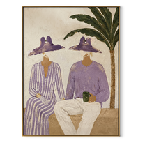 Purple Hats Share Coffee - purple hat coffee pair painting by Claire Whitmore, modern coastal vertical wall art – wood frame on white background