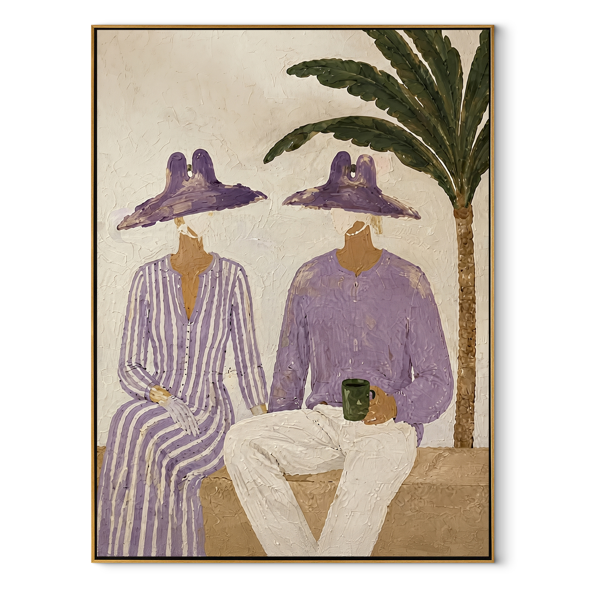 Purple Hats Share Coffee - purple hat coffee pair painting by Claire Whitmore, modern coastal vertical wall art – wood frame on white background