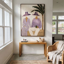 Purple Hats Share Coffee - purple hat coffee pair painting by Claire Whitmore, modern coastal vertical wall art – styled room scene view 4