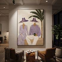 Purple Hats Share Coffee - purple hat coffee pair painting by Claire Whitmore, modern coastal vertical wall art – styled room scene view 5