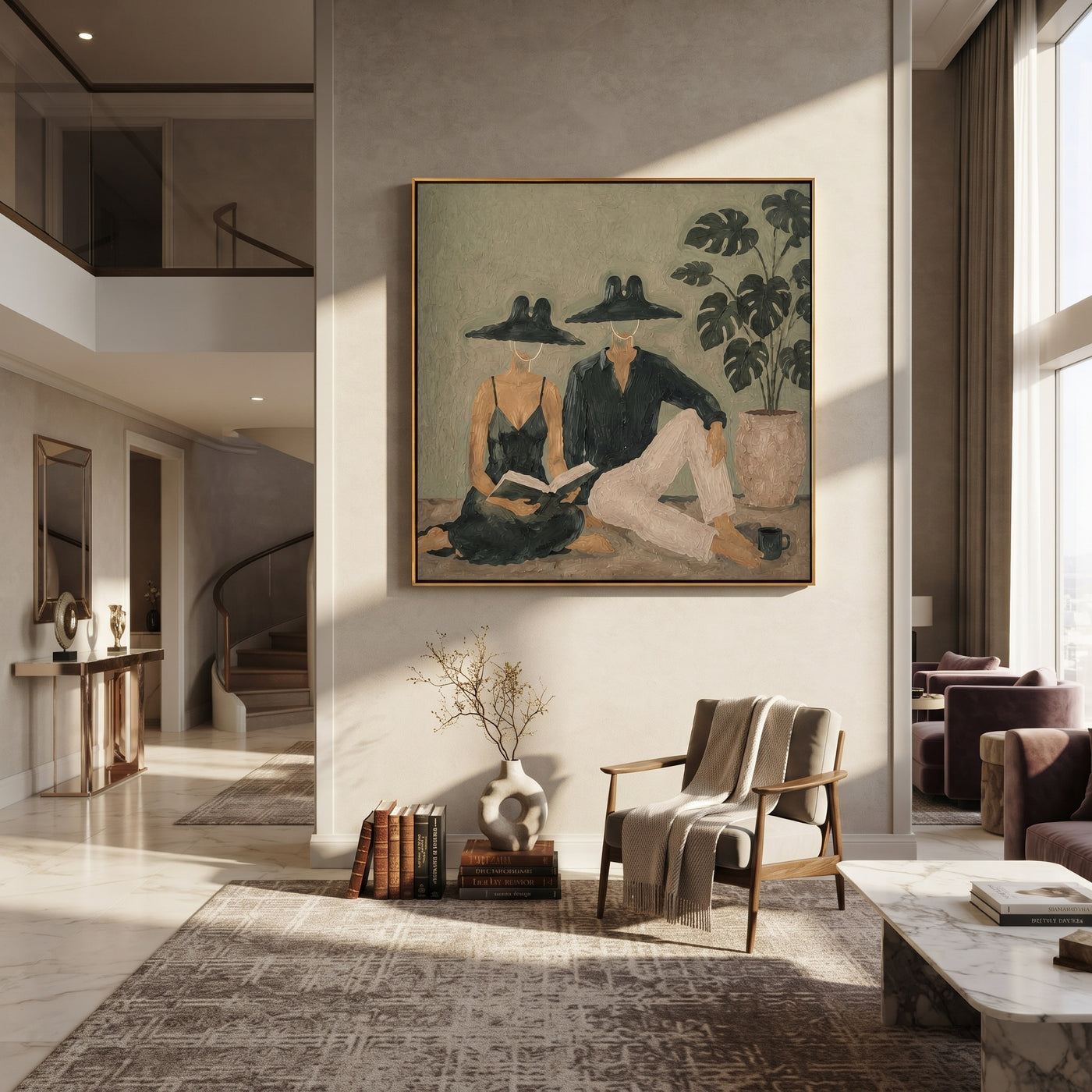 Black Hats Read Together - reading resort couple painting by Claire Whitmore, modern coastal square wall art – styled room scene view 1