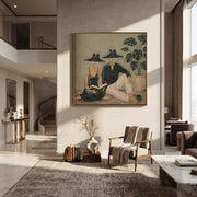 Black Hats Read Together - reading resort couple painting by Claire Whitmore, modern coastal square wall art – styled room scene view 1