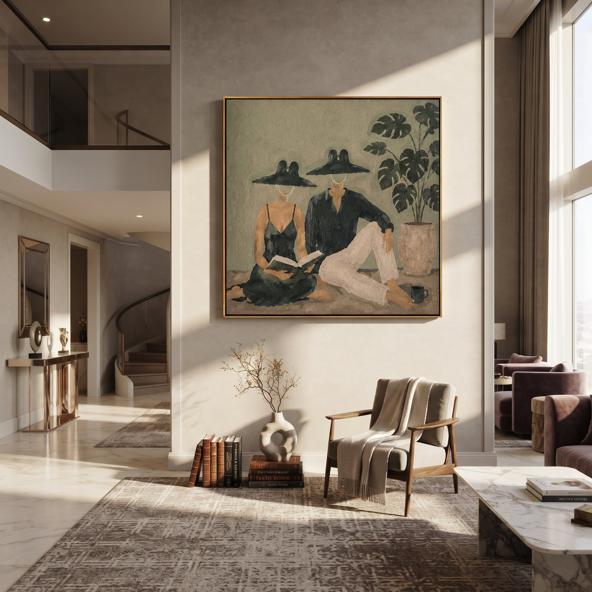 Black Hats Read Together - reading resort couple painting by Claire Whitmore, modern coastal square wall art – styled room scene view 1
