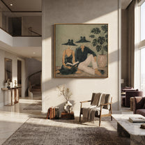 Black Hats Read Together - reading resort couple painting by Claire Whitmore, modern coastal square wall art – styled room scene view 1