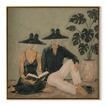 Black Hats Read Together - reading resort couple painting by Claire Whitmore, modern coastal square wall art – wood frame on white background