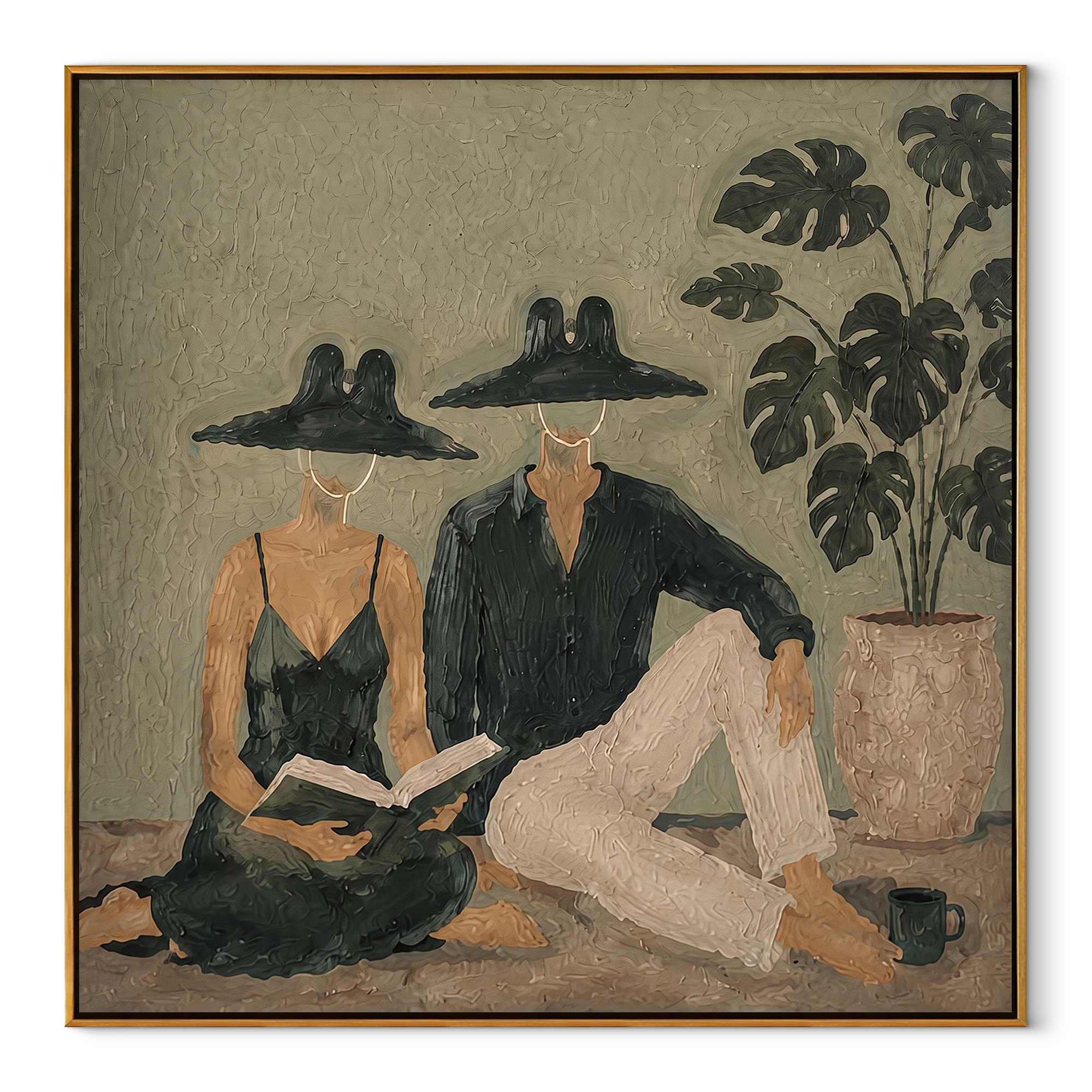Black Hats Read Together - reading resort couple painting by Claire Whitmore, modern coastal square wall art – wood frame on white background